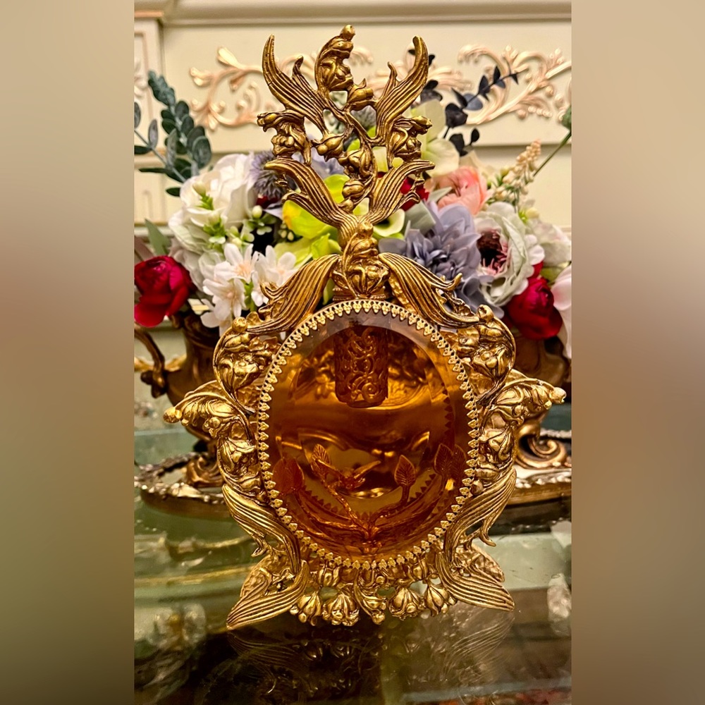 French Antique Perfume Bottle in Gilded Brass & Cut Crystal